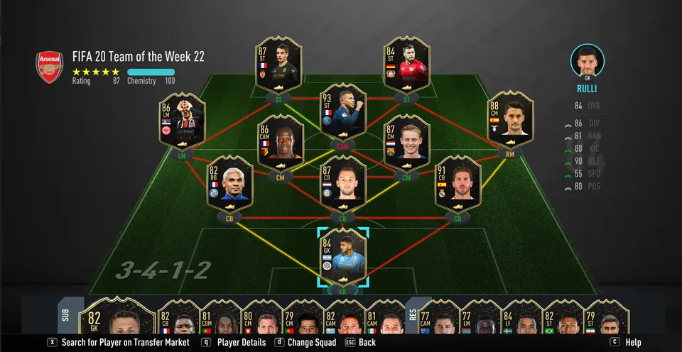 FIFA 20 squad screen in a 3-4-1-2 with 100 chemistry